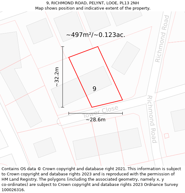 9, RICHMOND ROAD, PELYNT, LOOE, PL13 2NH: Plot and title map