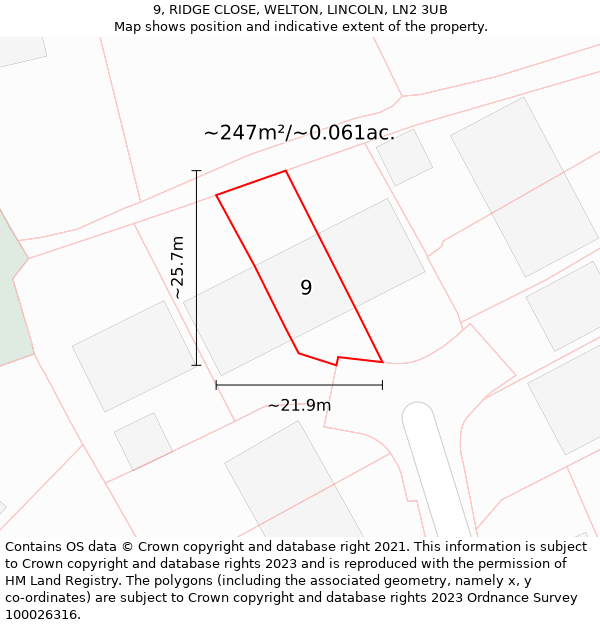 9, RIDGE CLOSE, WELTON, LINCOLN, LN2 3UB: Plot and title map