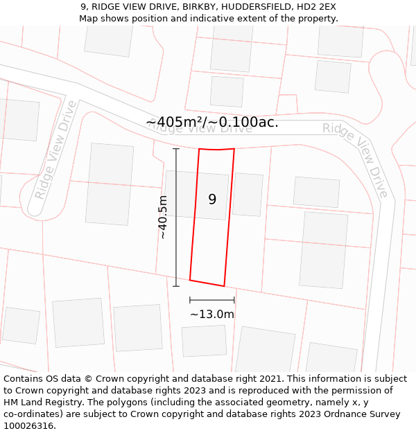 9, RIDGE VIEW DRIVE, BIRKBY, HUDDERSFIELD, HD2 2EX: Plot and title map