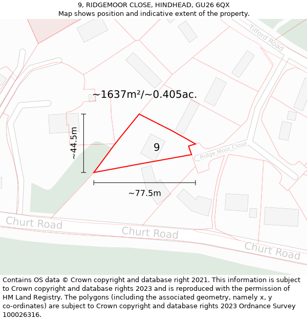 9, RIDGEMOOR CLOSE, HINDHEAD, GU26 6QX: Plot and title map