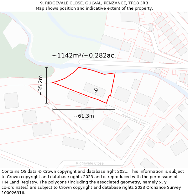 9, RIDGEVALE CLOSE, GULVAL, PENZANCE, TR18 3RB: Plot and title map