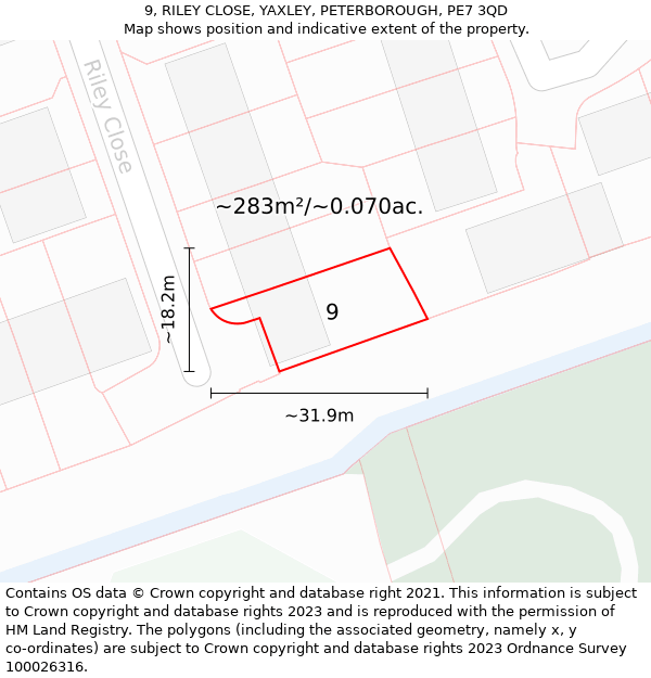 9, RILEY CLOSE, YAXLEY, PETERBOROUGH, PE7 3QD: Plot and title map