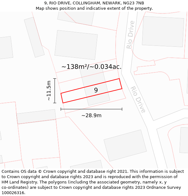 9, RIO DRIVE, COLLINGHAM, NEWARK, NG23 7NB: Plot and title map