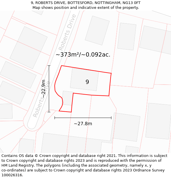 9, ROBERTS DRIVE, BOTTESFORD, NOTTINGHAM, NG13 0FT: Plot and title map