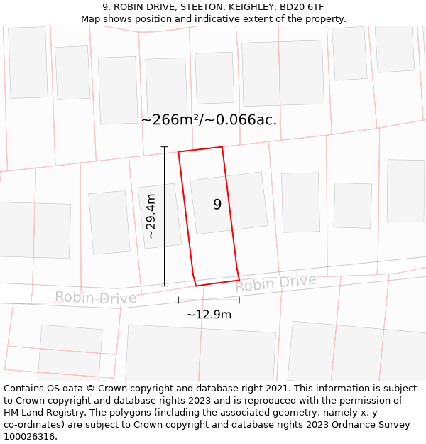 9, ROBIN DRIVE, STEETON, KEIGHLEY, BD20 6TF: Plot and title map