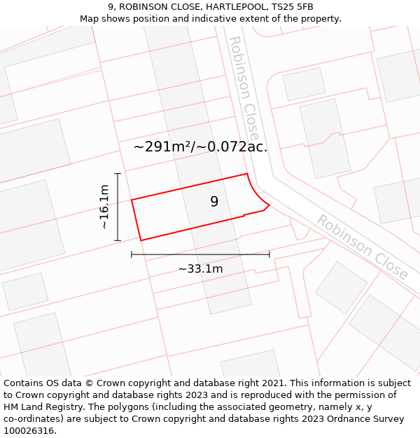 9, ROBINSON CLOSE, HARTLEPOOL, TS25 5FB: Plot and title map