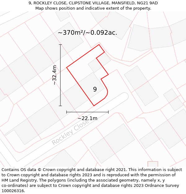9, ROCKLEY CLOSE, CLIPSTONE VILLAGE, MANSFIELD, NG21 9AD: Plot and title map