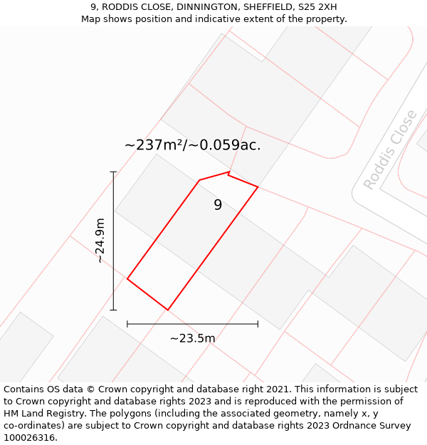 9, RODDIS CLOSE, DINNINGTON, SHEFFIELD, S25 2XH: Plot and title map