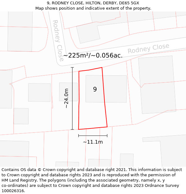 9, RODNEY CLOSE, HILTON, DERBY, DE65 5GX: Plot and title map