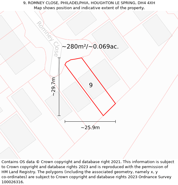 9, ROMNEY CLOSE, PHILADELPHIA, HOUGHTON LE SPRING, DH4 4XH: Plot and title map