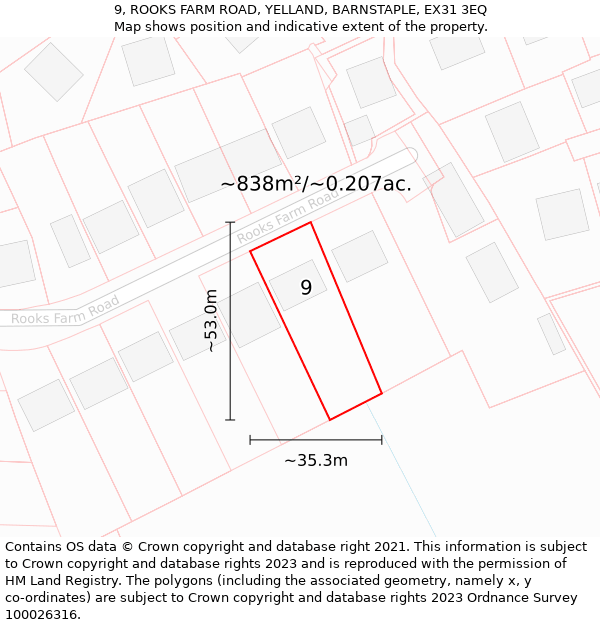 9, ROOKS FARM ROAD, YELLAND, BARNSTAPLE, EX31 3EQ: Plot and title map