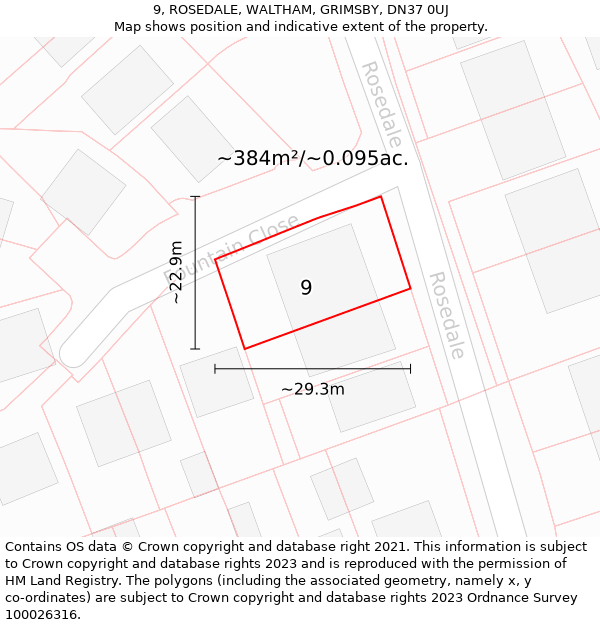 9, ROSEDALE, WALTHAM, GRIMSBY, DN37 0UJ: Plot and title map