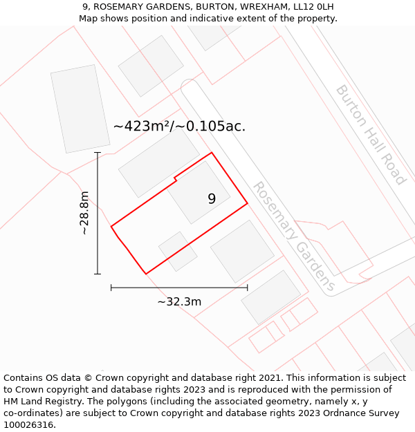 9, ROSEMARY GARDENS, BURTON, WREXHAM, LL12 0LH: Plot and title map