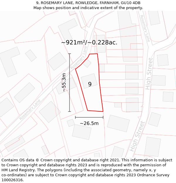 9, ROSEMARY LANE, ROWLEDGE, FARNHAM, GU10 4DB: Plot and title map