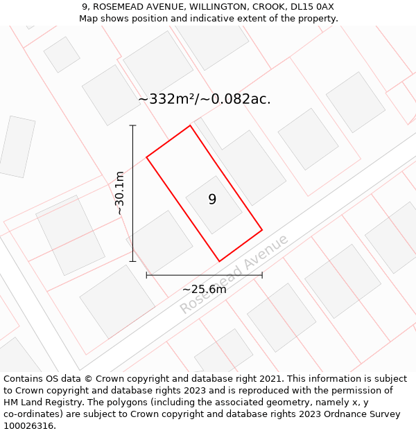 9, ROSEMEAD AVENUE, WILLINGTON, CROOK, DL15 0AX: Plot and title map