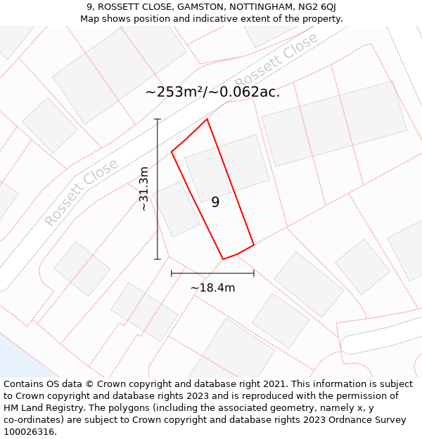 9, ROSSETT CLOSE, GAMSTON, NOTTINGHAM, NG2 6QJ: Plot and title map