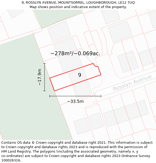 9, ROSSLYN AVENUE, MOUNTSORREL, LOUGHBOROUGH, LE12 7UQ: Plot and title map