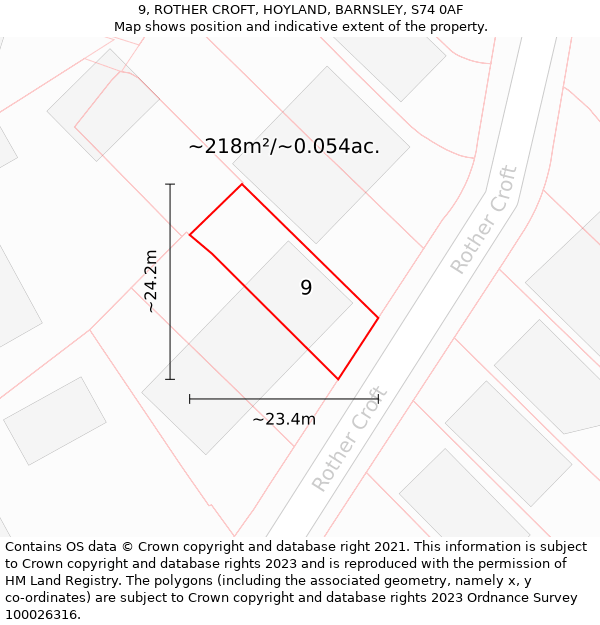 9, ROTHER CROFT, HOYLAND, BARNSLEY, S74 0AF: Plot and title map