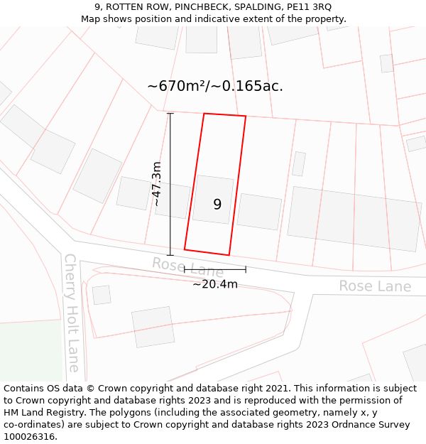 9, ROTTEN ROW, PINCHBECK, SPALDING, PE11 3RQ: Plot and title map