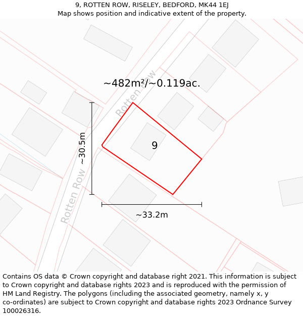 9, ROTTEN ROW, RISELEY, BEDFORD, MK44 1EJ: Plot and title map