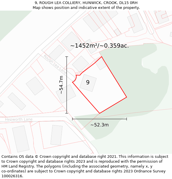 9, ROUGH LEA COLLIERY, HUNWICK, CROOK, DL15 0RH: Plot and title map