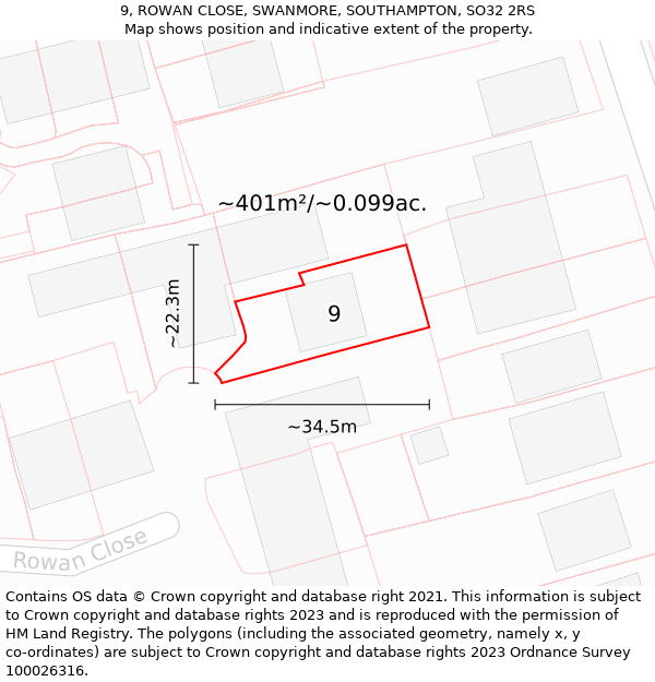 9, ROWAN CLOSE, SWANMORE, SOUTHAMPTON, SO32 2RS: Plot and title map