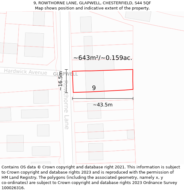 9, ROWTHORNE LANE, GLAPWELL, CHESTERFIELD, S44 5QF: Plot and title map