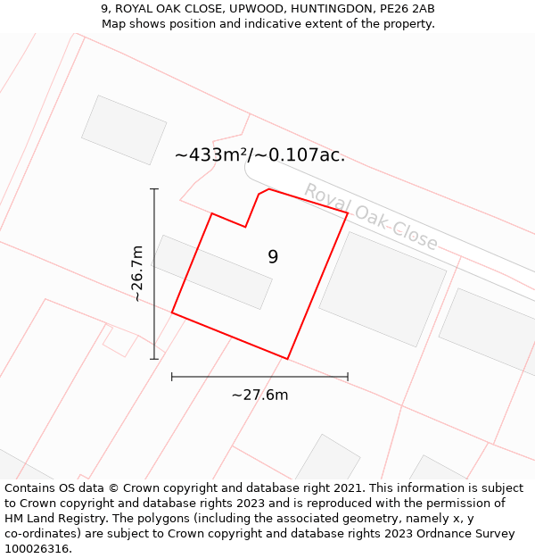 9, ROYAL OAK CLOSE, UPWOOD, HUNTINGDON, PE26 2AB: Plot and title map