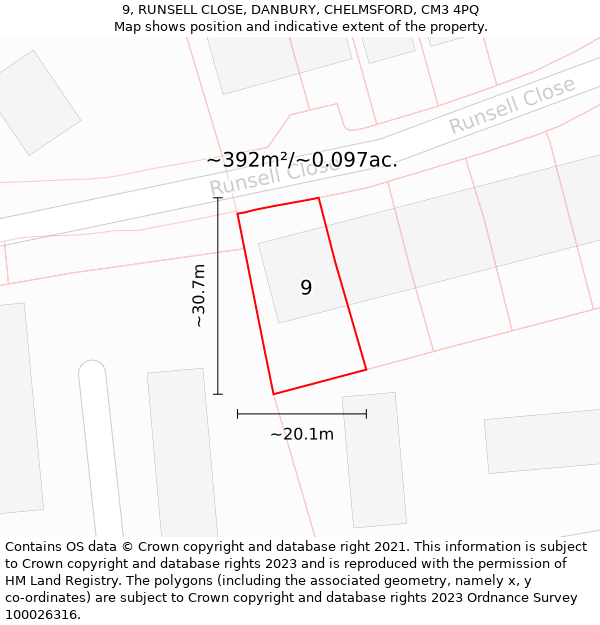 9, RUNSELL CLOSE, DANBURY, CHELMSFORD, CM3 4PQ: Plot and title map