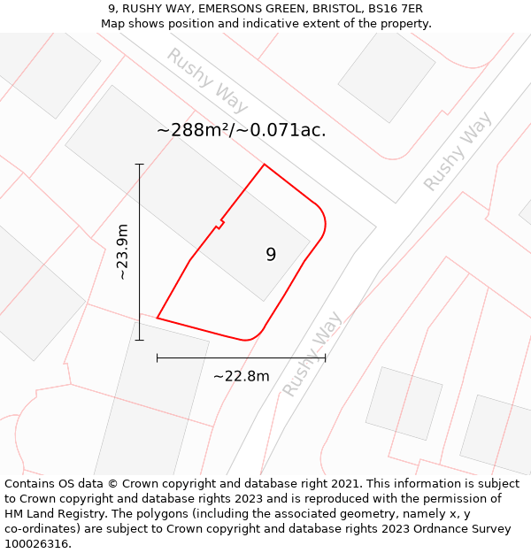 9, RUSHY WAY, EMERSONS GREEN, BRISTOL, BS16 7ER: Plot and title map