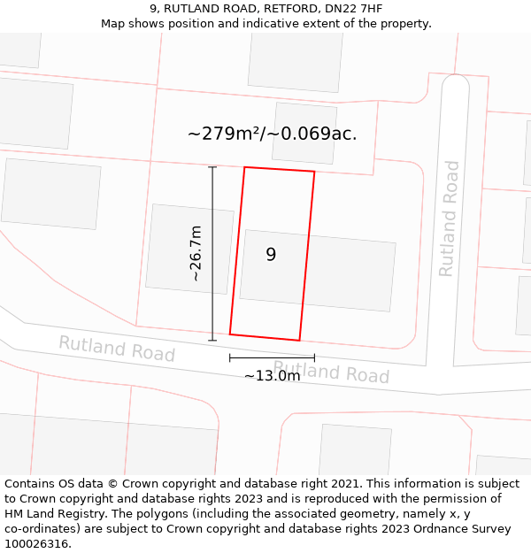 9, RUTLAND ROAD, RETFORD, DN22 7HF: Plot and title map