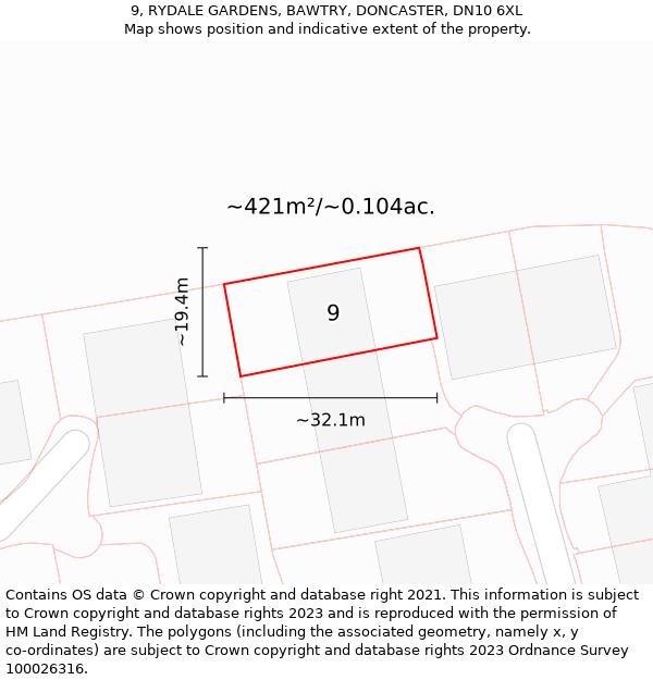 9, RYDALE GARDENS, BAWTRY, DONCASTER, DN10 6XL: Plot and title map