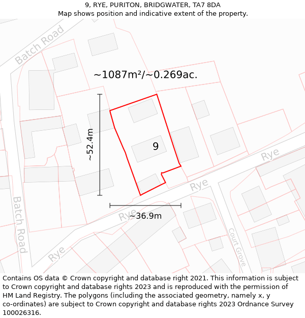 9, RYE, PURITON, BRIDGWATER, TA7 8DA: Plot and title map