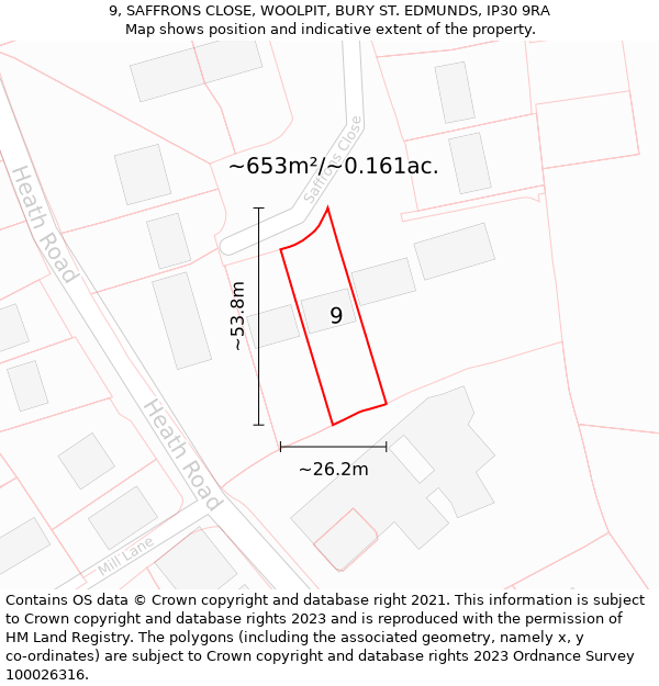 9, SAFFRONS CLOSE, WOOLPIT, BURY ST. EDMUNDS, IP30 9RA: Plot and title map