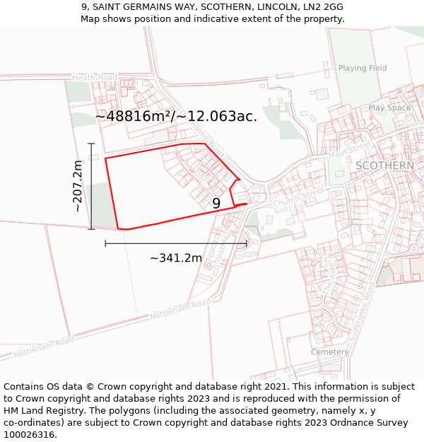 9, SAINT GERMAINS WAY, SCOTHERN, LINCOLN, LN2 2GG: Plot and title map