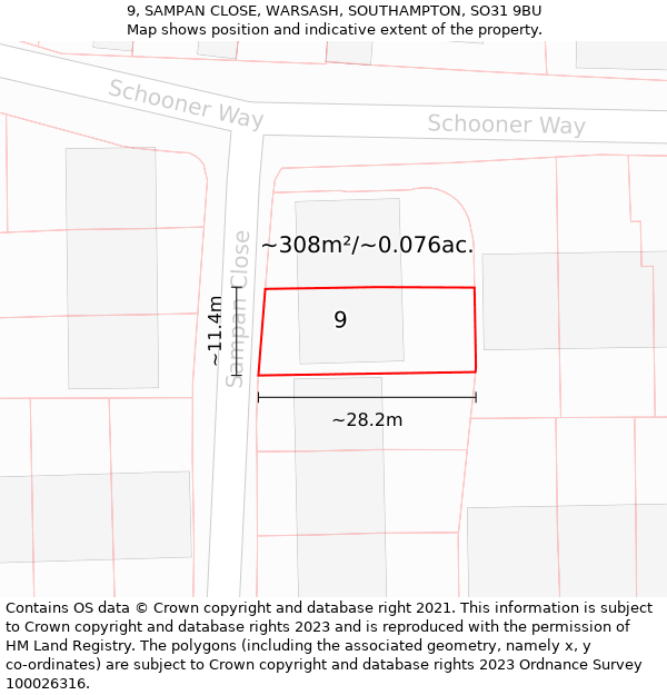 9, SAMPAN CLOSE, WARSASH, SOUTHAMPTON, SO31 9BU: Plot and title map