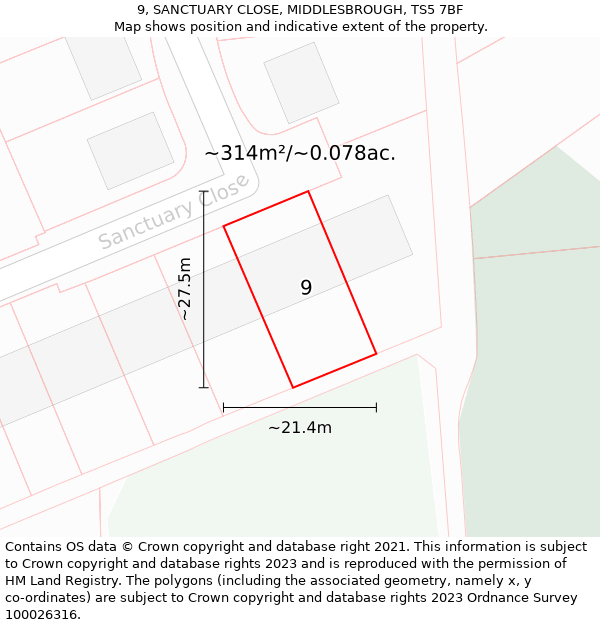 9, SANCTUARY CLOSE, MIDDLESBROUGH, TS5 7BF: Plot and title map