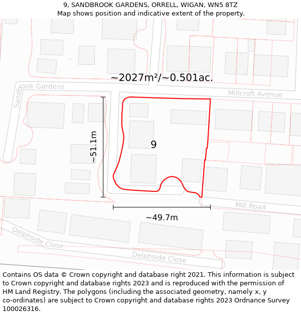 9, SANDBROOK GARDENS, ORRELL, WIGAN, WN5 8TZ: Plot and title map