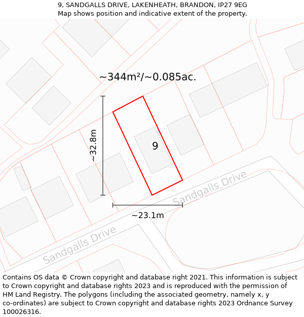 9, SANDGALLS DRIVE, LAKENHEATH, BRANDON, IP27 9EG: Plot and title map