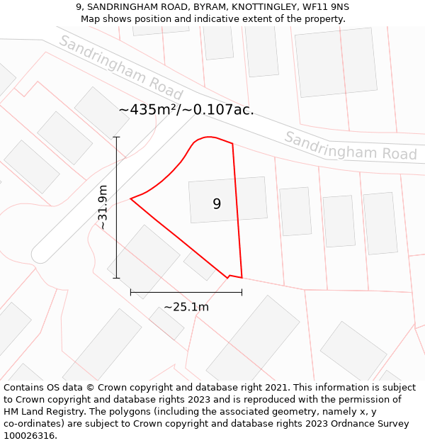 9, SANDRINGHAM ROAD, BYRAM, KNOTTINGLEY, WF11 9NS: Plot and title map