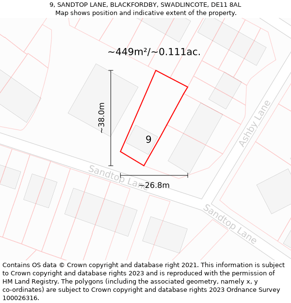 9, SANDTOP LANE, BLACKFORDBY, SWADLINCOTE, DE11 8AL: Plot and title map