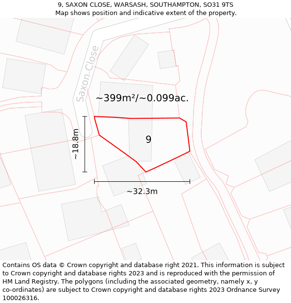 9, SAXON CLOSE, WARSASH, SOUTHAMPTON, SO31 9TS: Plot and title map