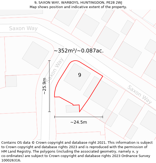 9, SAXON WAY, WARBOYS, HUNTINGDON, PE28 2WJ: Plot and title map