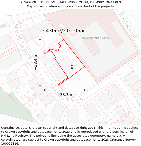 9, SAXONFIELDS DRIVE, STALLINGBOROUGH, GRIMSBY, DN41 8FN: Plot and title map