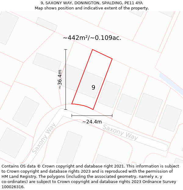 9, SAXONY WAY, DONINGTON, SPALDING, PE11 4YA: Plot and title map