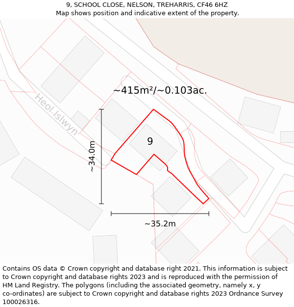 9, SCHOOL CLOSE, NELSON, TREHARRIS, CF46 6HZ: Plot and title map