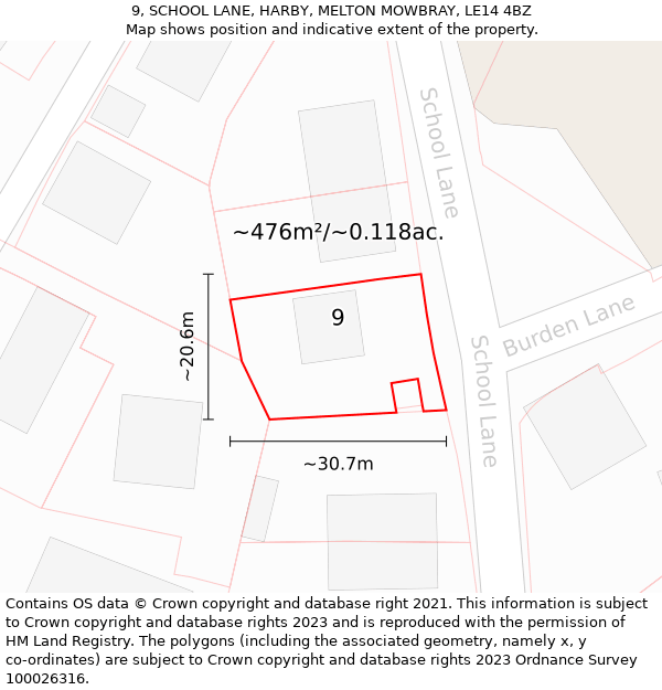 9, SCHOOL LANE, HARBY, MELTON MOWBRAY, LE14 4BZ: Plot and title map