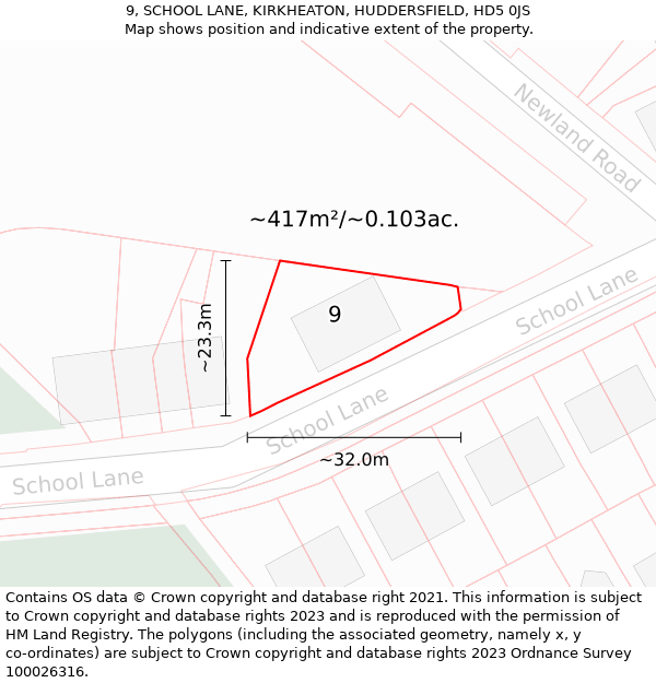 9, SCHOOL LANE, KIRKHEATON, HUDDERSFIELD, HD5 0JS: Plot and title map