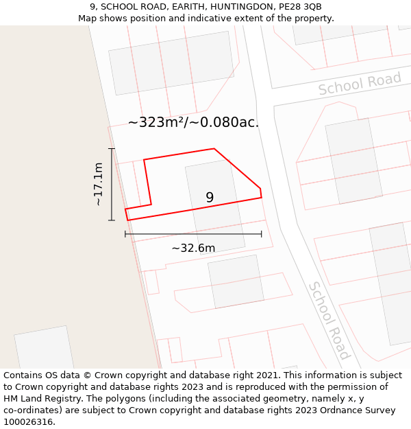 9, SCHOOL ROAD, EARITH, HUNTINGDON, PE28 3QB: Plot and title map