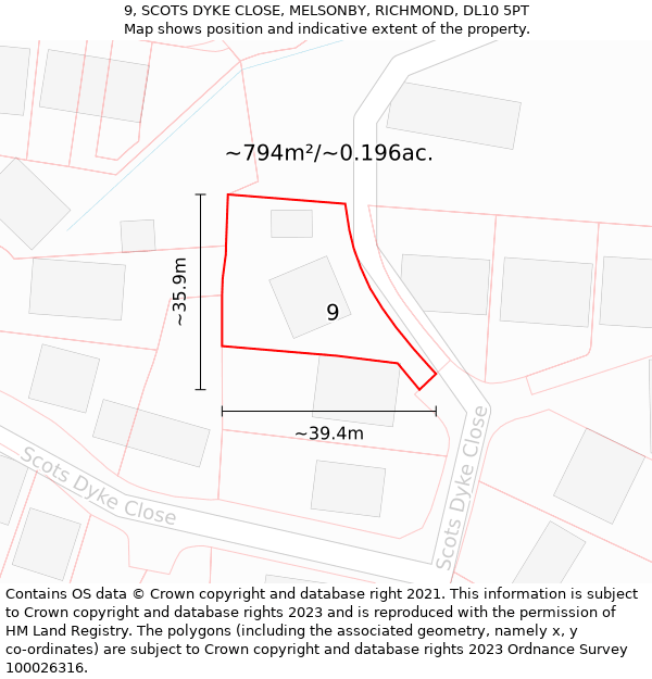 9, SCOTS DYKE CLOSE, MELSONBY, RICHMOND, DL10 5PT: Plot and title map